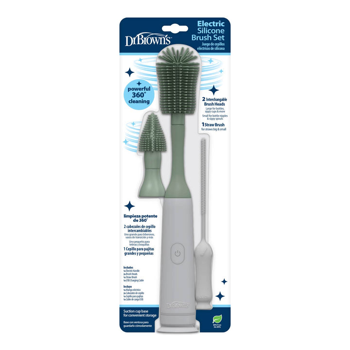 Dr. Brown's™ Electric Silicone Brush Set includes an electric handle and two silicone heads for effortless baby bottle cleaning, with 360° coverage and a strong suction cup base.