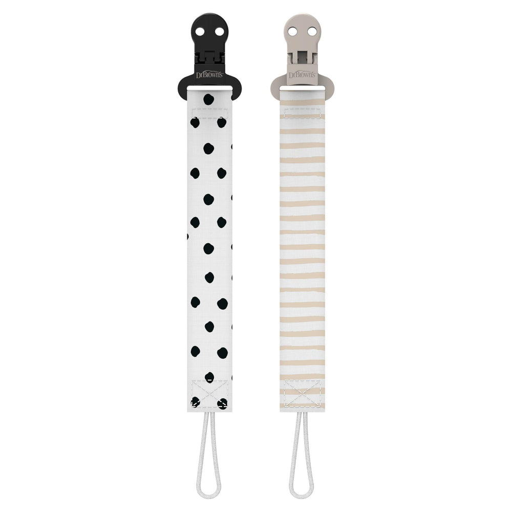 Two baby product straps with polka dot and striped patterns on a white background