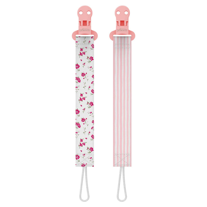 Two pink pacifier clips, one with floral pattern and one with stripes.