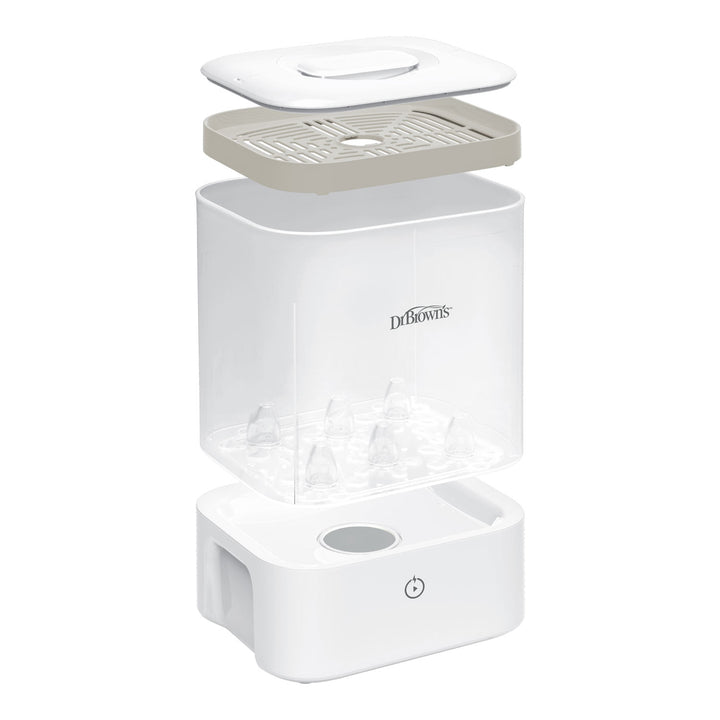 A Dr. Brown's baby bottle sterilizer shown in an exploded view, displaying its white base, clear plastic chamber, beige filter tray, and white lid against a solid white background.