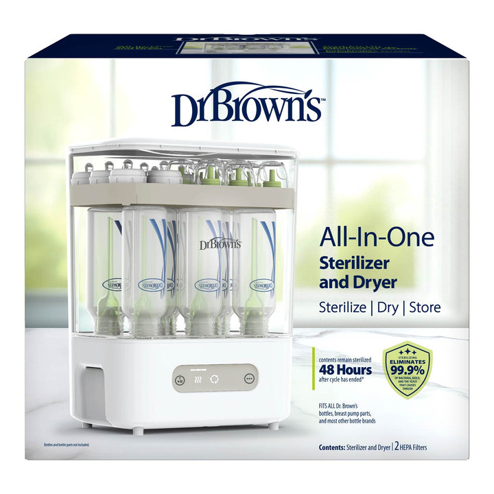 Dr. Brown's All-In-One Sterilizer and Dryer box, showing the white and clear device pictured on the front of its retail packaging.
