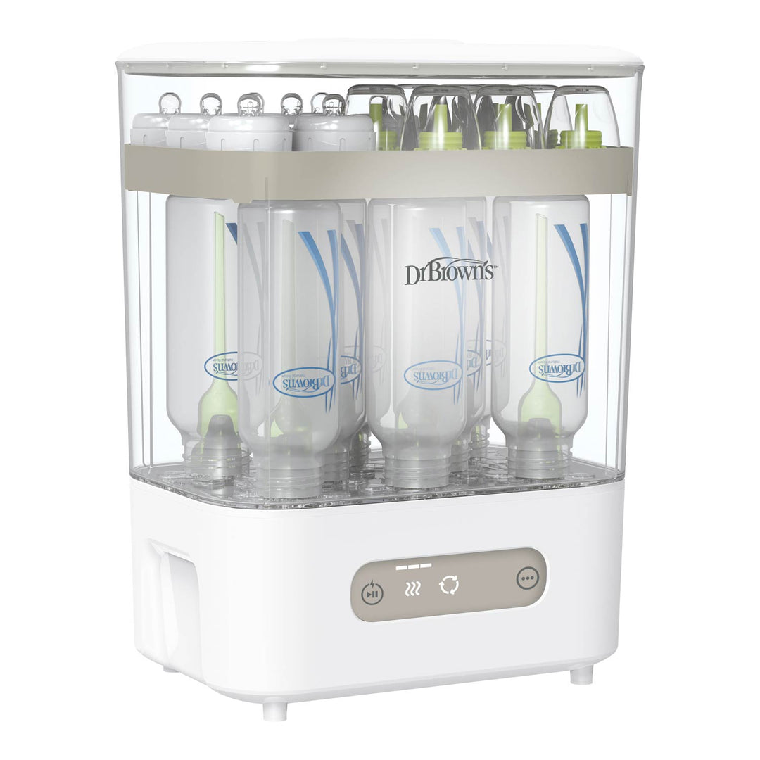 Dr. Brown's baby bottle sterilizer and dryer, a white countertop machine with a clear acrylic front door showing three drying bottles inside