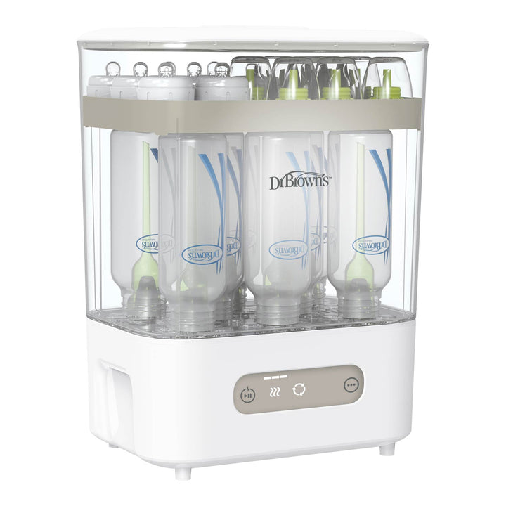 Dr. Brown's baby bottle sterilizer and dryer, a white countertop machine with a clear acrylic front door showing three drying bottles inside