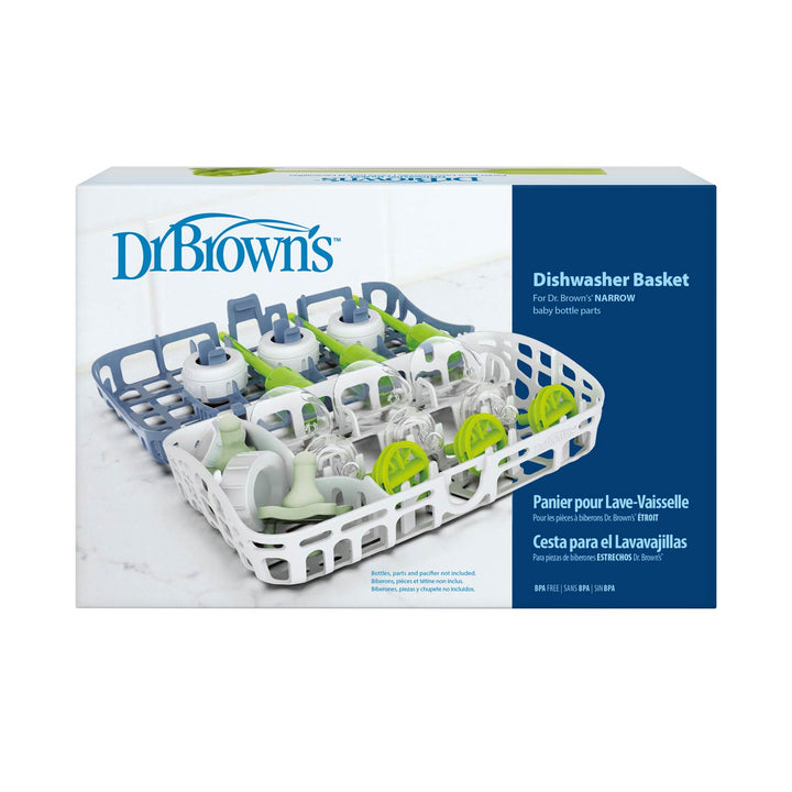 Dr. Brown’s™ Options+™ Dishwasher Basket for Narrow Baby Bottle Parts, shown in packaging with a blue and white basket holding bottle parts on a white surface, highlights effortless cleaning of narrow baby bottle parts.