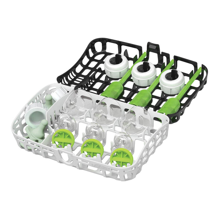 The Dr. Brown's™ Options+™ Dishwasher Basket for Narrow Baby Bottle Parts by Dr. Brown's keeps nipples, caps, rings, and bottle holders organized in black and white compartments for easy cleaning.