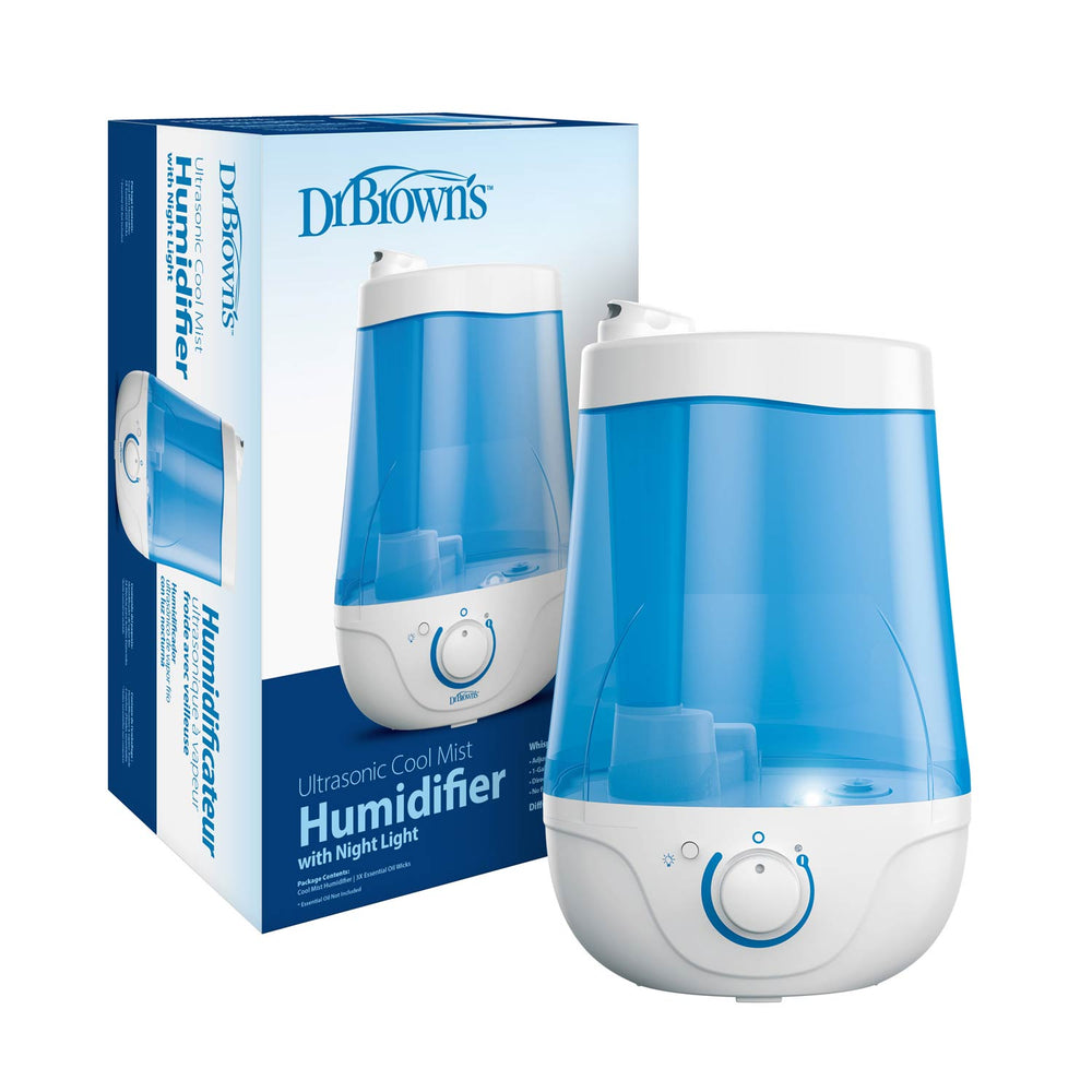 Dr. Brown's ultrasonic cool mist humidifier with night light next to packaging