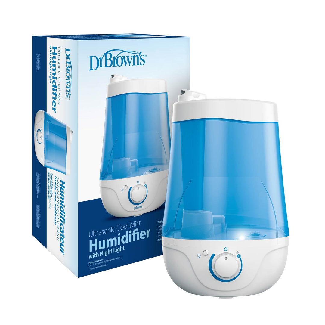Dr. Brown's ultrasonic cool mist humidifier with night light next to packaging