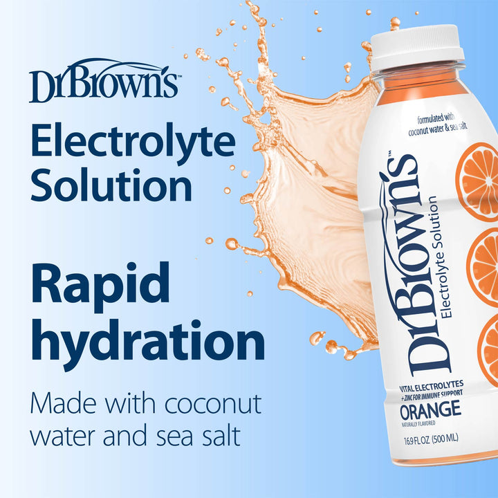 A bottle of Dr. Brown's Electrolyte Solution in Orange flavor, shown on the right side of a light blue graphic background with a splash of orange drink and large text reading 'Electrolyte Solution', 'Rapid hydration', and 'Made with coconut water and sea salt'.