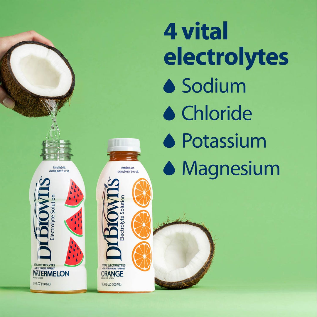 Two Dr. Brown's electrolyte solution bottles, Watermelon and Orange, displayed on a light green background with a hand pouring liquid from a coconut into the Watermelon bottle and text highlighting four vital electrolytes: Sodium, Chloride, Potassium, and Magnesium.