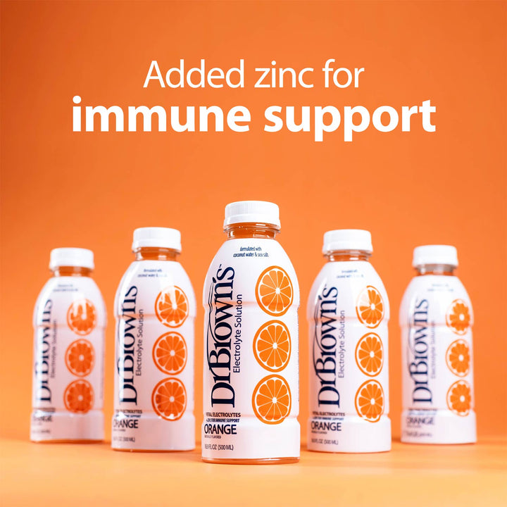 Five Dr. Brown's electrolyte solution bottles in orange flavor are lined up against a solid orange background with the text 'Added zinc for immune support' above them.