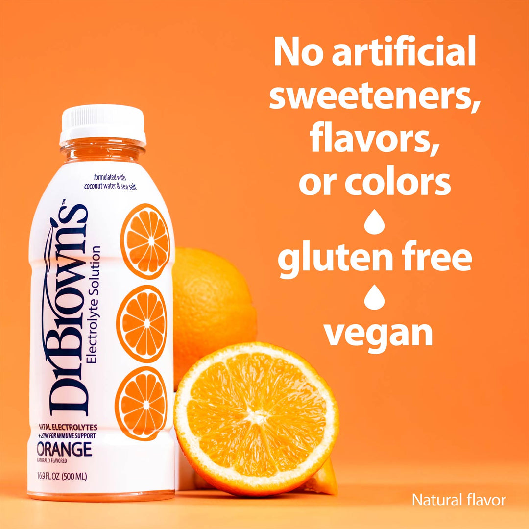 A bottle of Dr. Brown's Orange electrolyte solution stands on an orange background next to whole and sliced oranges, with large white text reading 'No artificial sweeteners, flavors, or colors gluten free vegan' and 'Natural flavor' in the lower right.