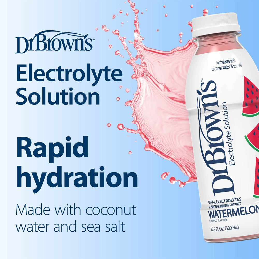 A bottle of Dr. Brown's Electrolyte Solution in Watermelon flavor, shown on a light blue background with a pink liquid splash graphic and promotional text.