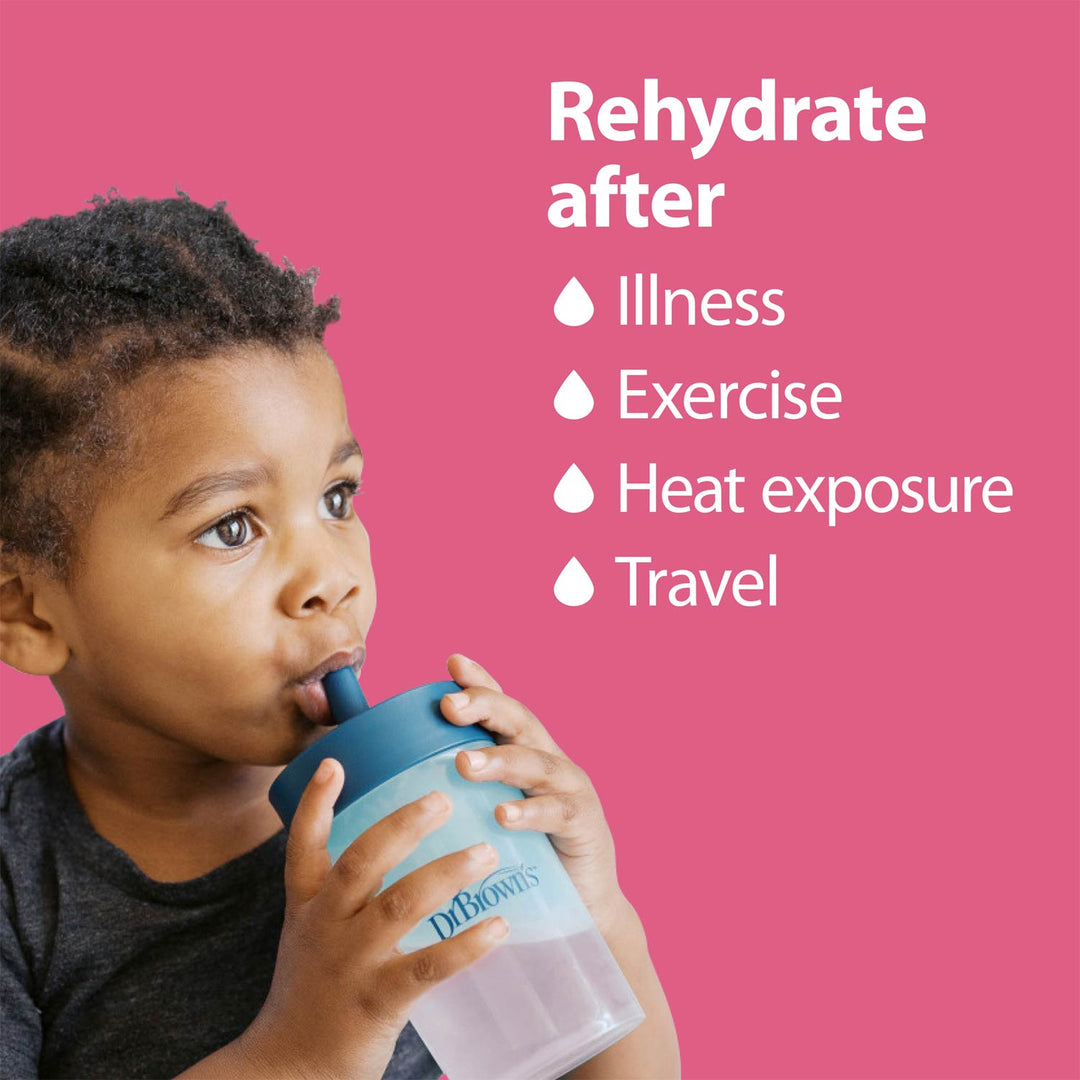 A child drinking from a Dr. Brown's reusable water bottle against a bright pink background, with text listing reasons to rehydrate after illness, exercise, heat exposure, and travel.