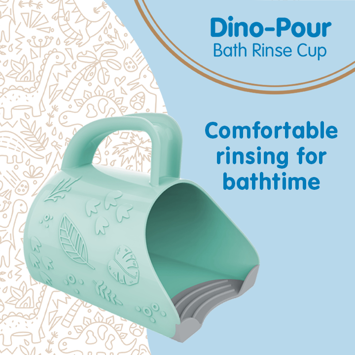 Mint green dinosaur-themed bath rinse cup with embossed leaf patterns, shown on a light blue background with text reading 'Dino-Pour Bath Rinse Cup' and 'Comfortable rinsing for bathtime'.