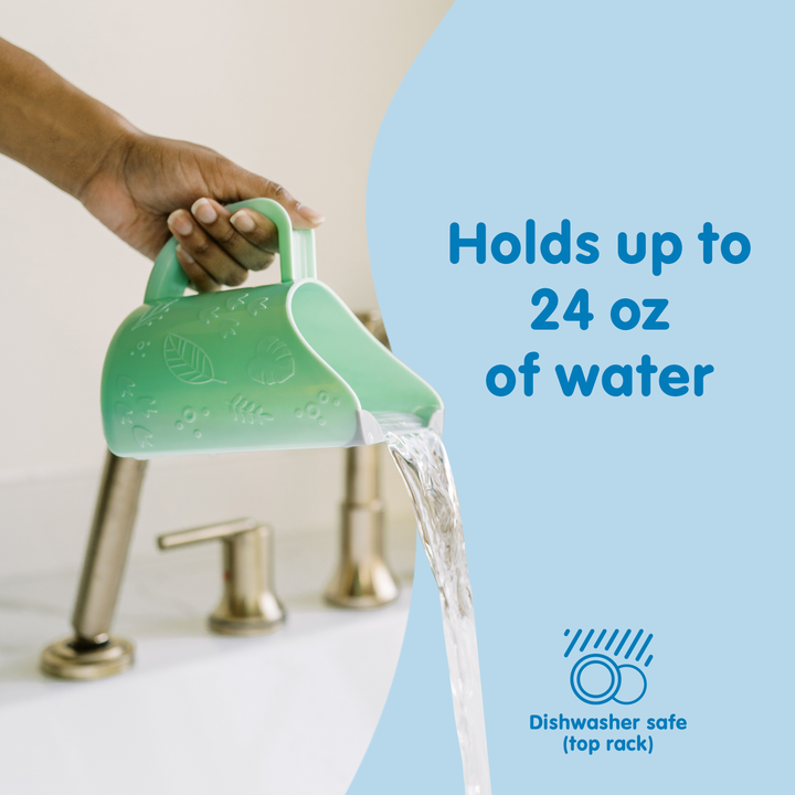Green water container being filled with water from a faucet, with text indicating capacity and dishwasher safety.