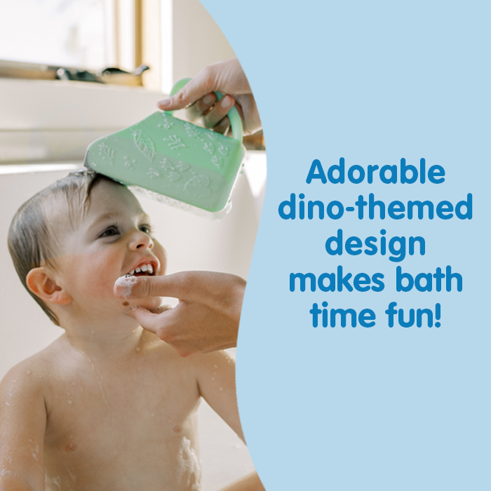 Child being bathed with a dino-themed green shower head, text 'Adorable dino-themed design makes bath time fun!' on a blue background.