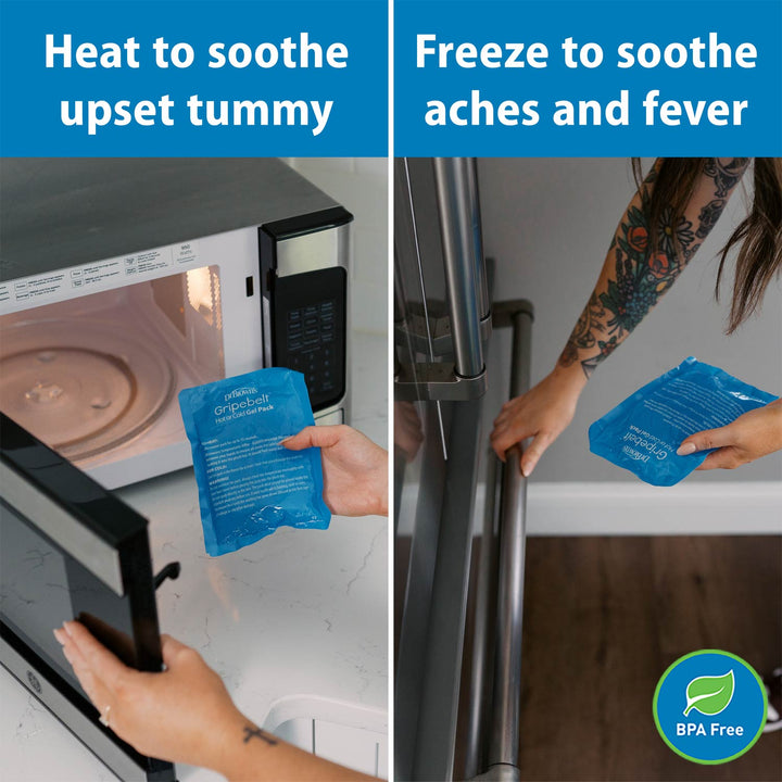 Two-panel lifestyle graphic showing a blue pack being used to soothe a upset tummy in a microwave and to soothe aches and fever in a refrigerator. Blue text banners appear at the top of each panel, and a green circular 'BPA Free' badge appears in the bottom right corner.