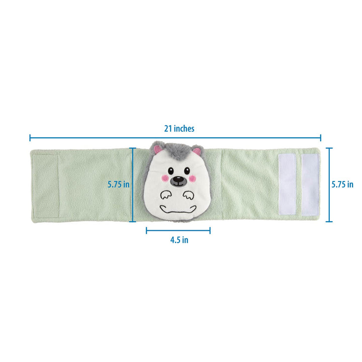 A light sage green plush pet collar with a cartoon hamster face patch, shown with blue dimension lines and text indicating measurements of 21 inches, 5.75 inches, 4.