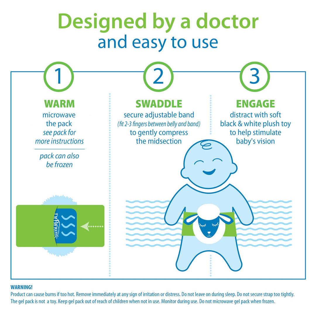 An instructional infographic titled 'Designed by a doctor and easy to use' showing three steps for using a baby care pack: warm, swaddle, and engage. It includes a blue cartoon baby holding a white plush toy and a green rectangular pack with wavy lines, on a white background with teal and green text.
