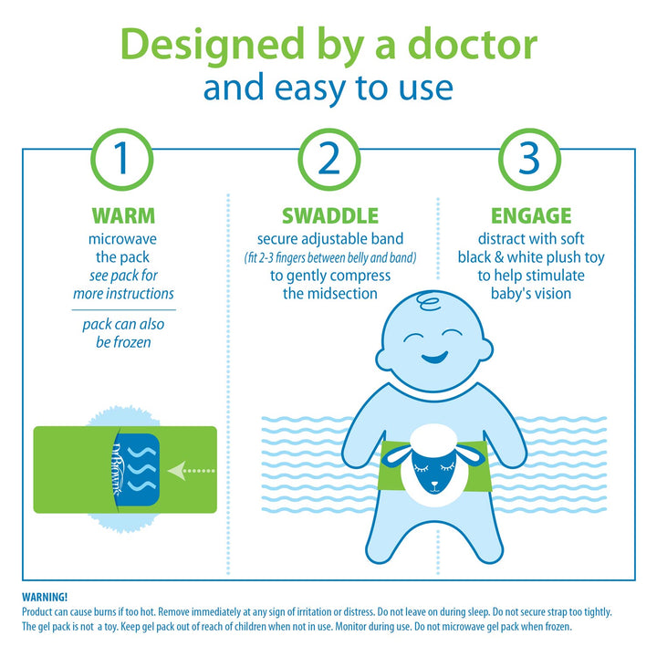 An instructional infographic titled 'Designed by a doctor and easy to use' showing three steps for using a baby care pack: warm, swaddle, and engage. It includes a blue cartoon baby holding a white plush toy and a green rectangular pack with wavy lines, on a white background with teal and green text.