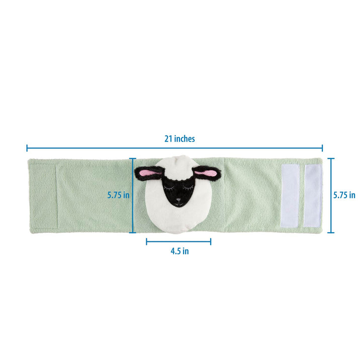 A light sage green baby wrap or band with a sheep face applique in the center and two white velcro patches on the right side, shown with blue dimension lines and text indicating measurements: 21 inches total, 5.75 inches height, and 4.