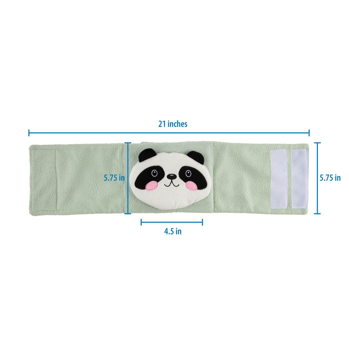 A pale mint green plush wrist wrap or band with a panda face applique in the center and two white hook-and-loop fastening areas on the right side. Blue measurement lines and text indicate dimensions: 21 inches across, 5.