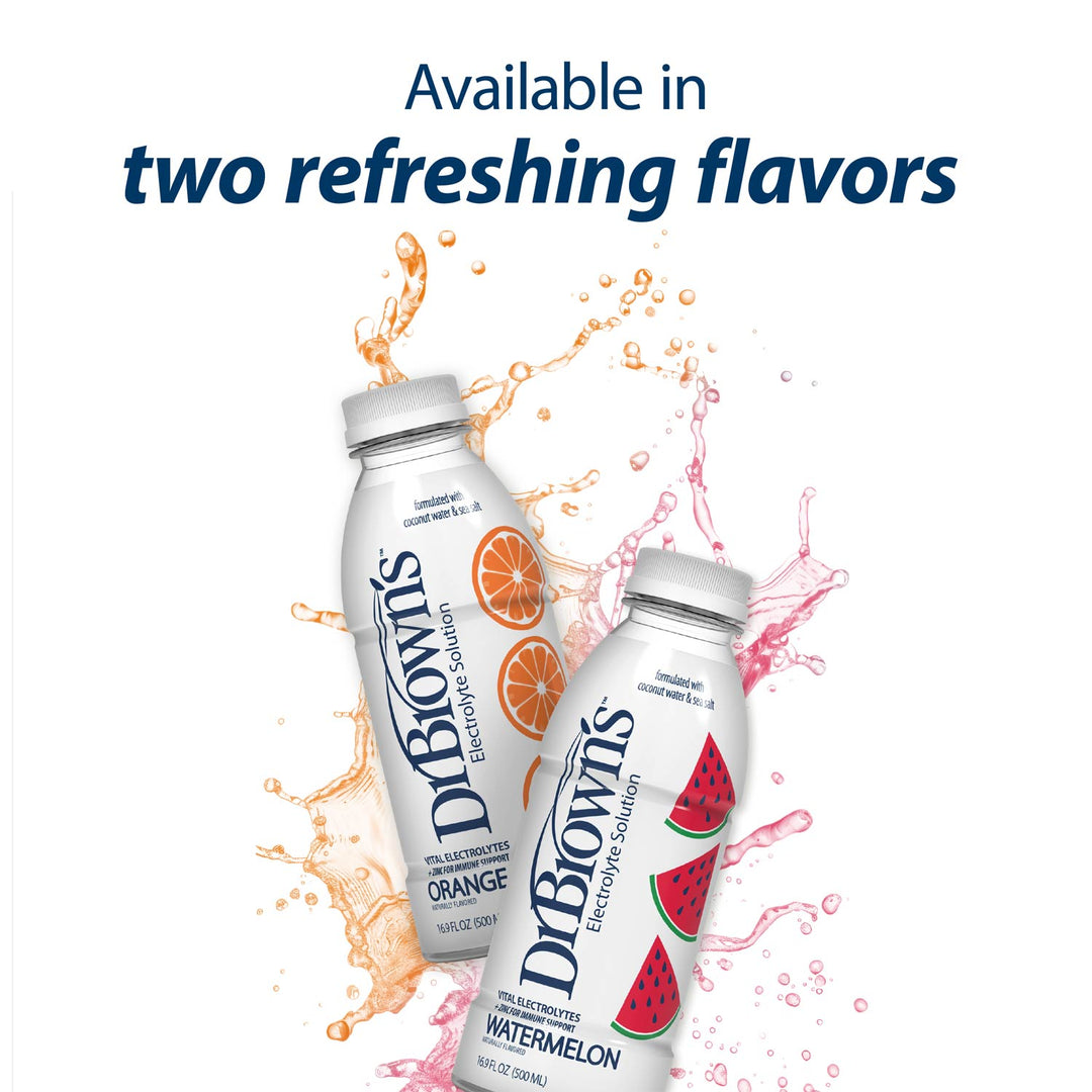 Dr. Brown's Electrolyte Solution bottles with orange and watermelon electrolyte drinks