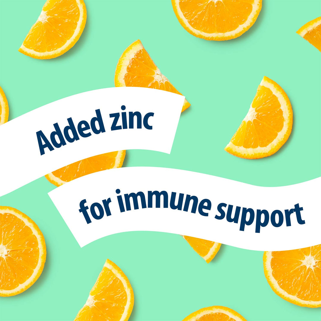Oranges with text 'Added zinc for immune support'