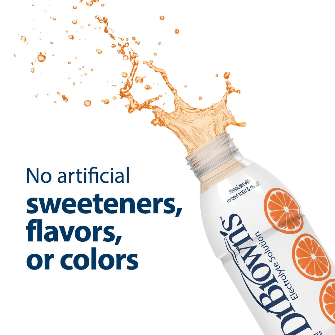 Bottle of Dr. Brown's Orange Electrolyte Solution with orange liquid coming out, featuring text about no artificial ingredients.
