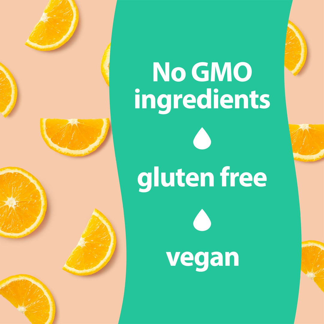 Oranges with a green label stating 'No GMO ingredients', 'gluten free', and 'vegan'