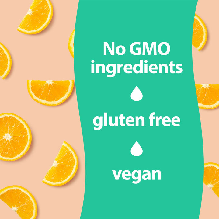 Oranges with a green label stating 'No GMO ingredients', 'gluten free', and 'vegan'