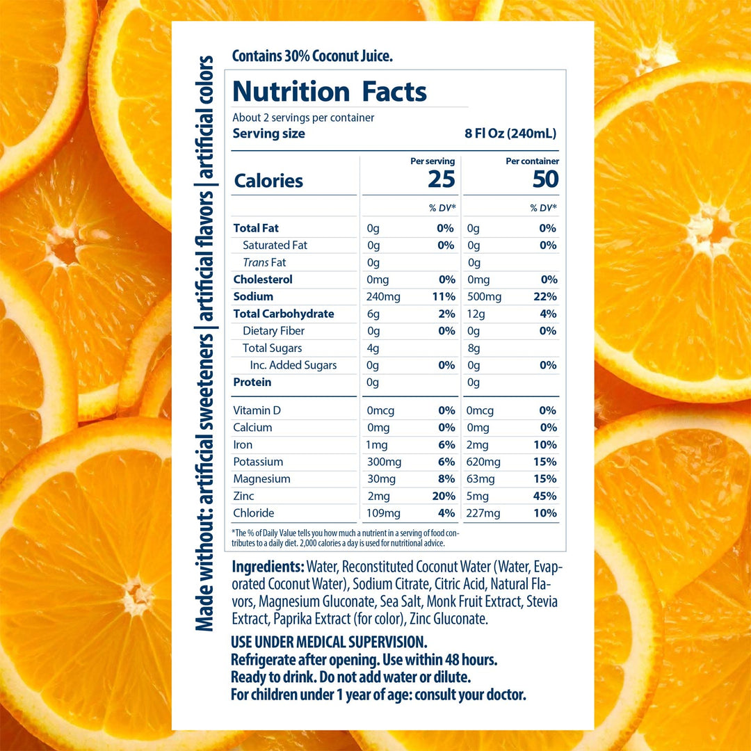 Nutrition facts label for a beverage with orange slices in the background