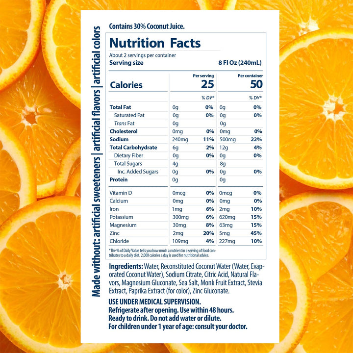 Nutrition facts label for a beverage with orange slices in the background