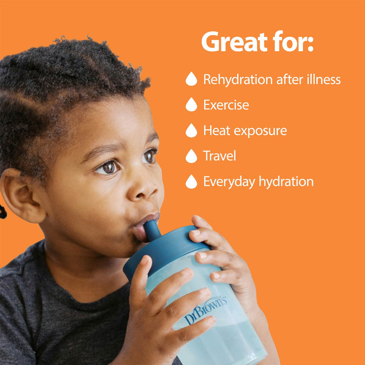 Child drinking from a blue sippy cup with text about Dr. Brown's Orange Electrolyte Solution