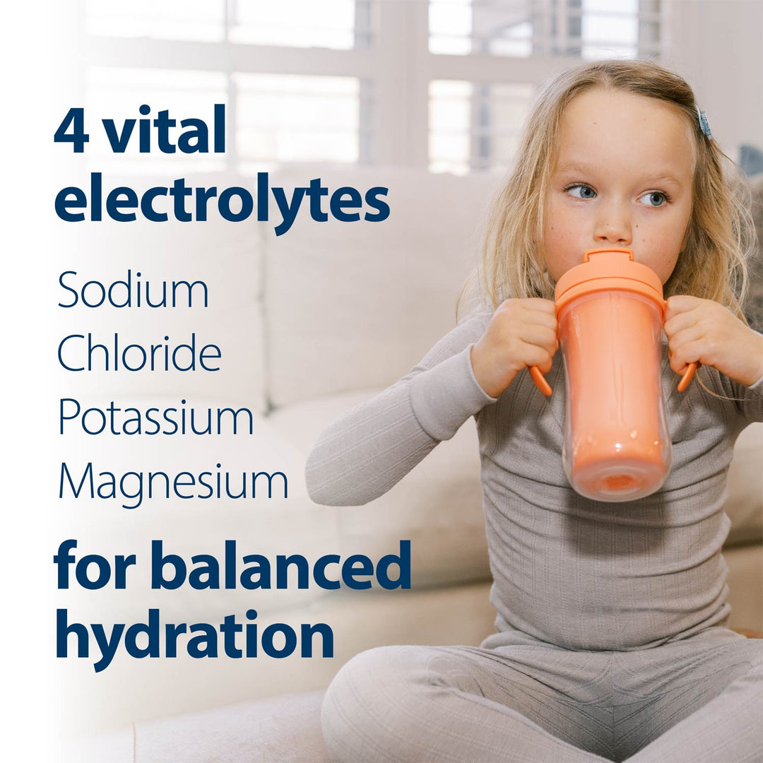 Child drinking from an orange sippy bottle with text about electrolytes and hydration.