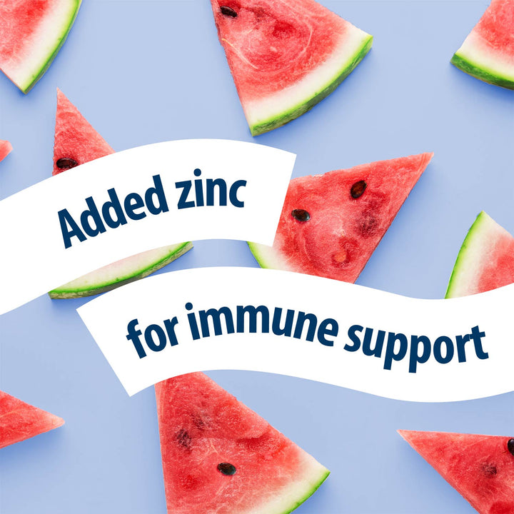 Watermelon slices with text that says "Added zinc for immune support"