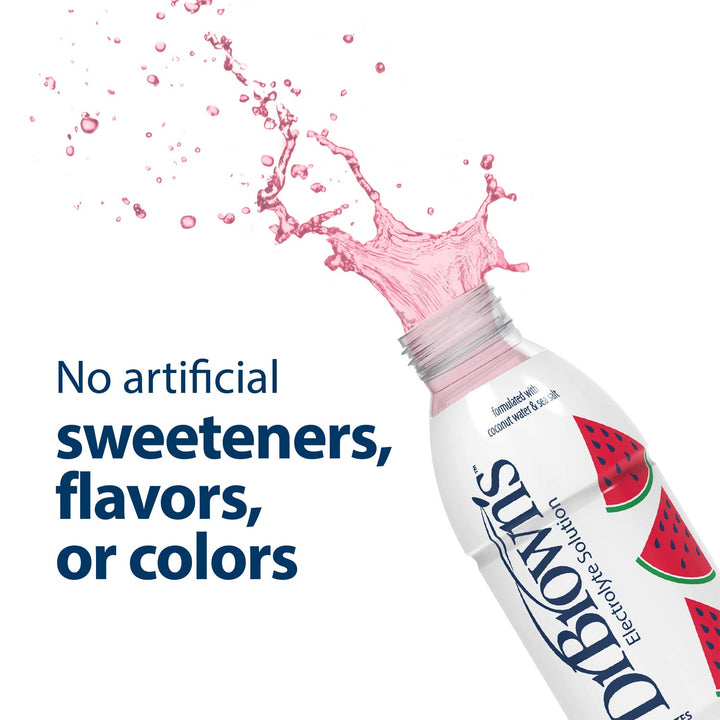Bottle of Dr. Brown's Watermelon Electrolyte Solution with pink liquid coming out, featuring text about no artificial ingredients.