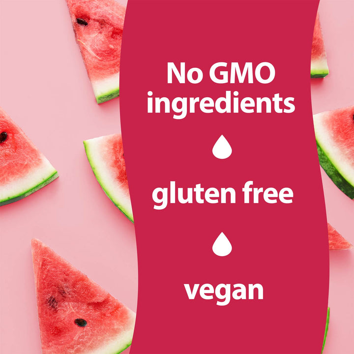 Slices of watermelon with a red banner stating 'No GMO ingredients, gluten free, vegan'