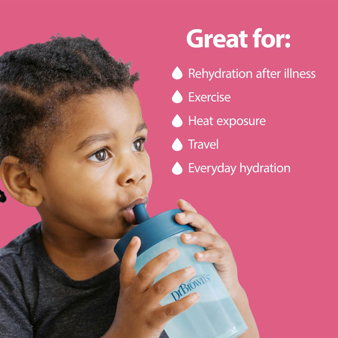 Child drinking from a blue sippy cup with text about Dr. Brown's Watermelon Electrolyte Solution