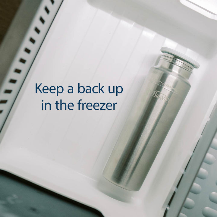 Steel chiller insert inside a freezer with text 'Keep a back up in the freezer'.