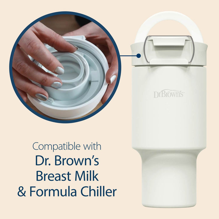Dr. Brown's breast milk and formula chiller with a close-up of hands placing the silicone rings.