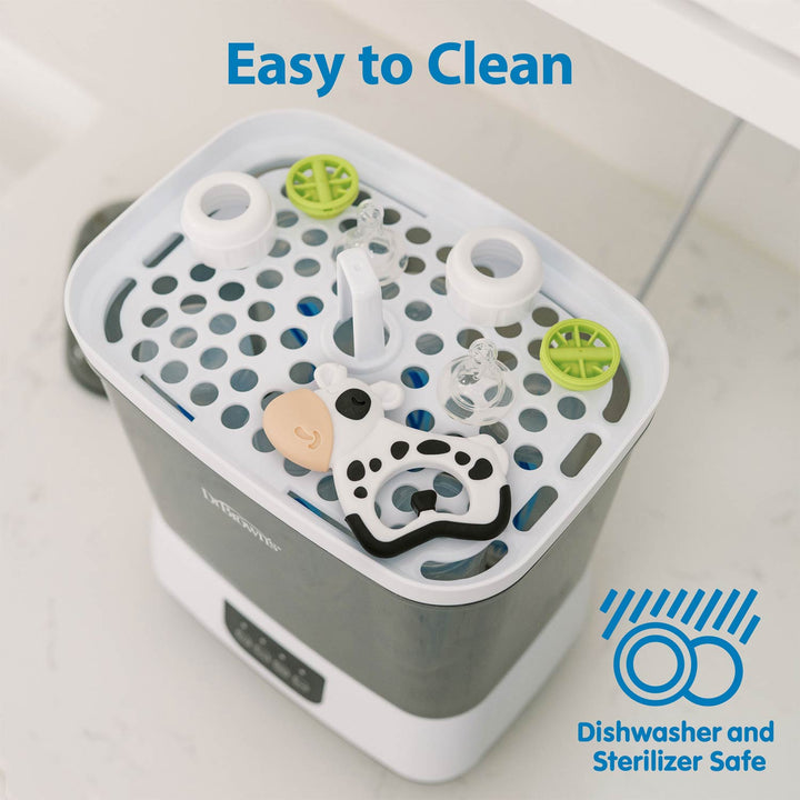 A baby bottle sterilizer and drying rack shown on a light countertop with the text 'Easy to Clean' and a 'Dishwasher and Sterilizer Safe' badge. The device is white and gray with a top rack holding several baby bottles and accessories.