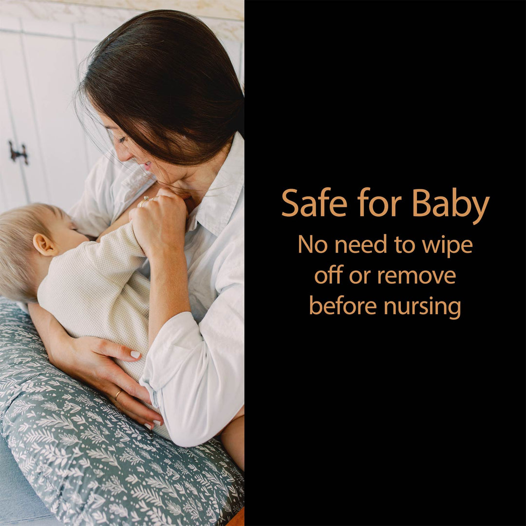 Woman nursing a baby with text about Lanolin Nipple Balm being safe for nursing.
