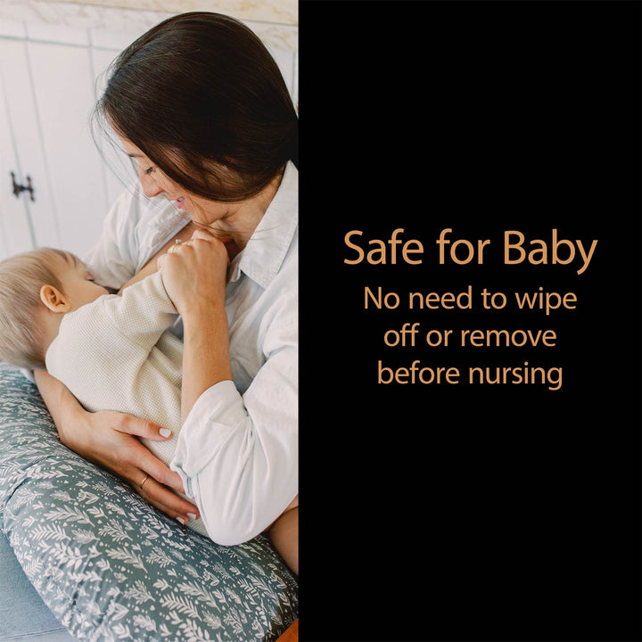 Woman nursing a baby with text about Lanolin Nipple Balm being safe for nursing.