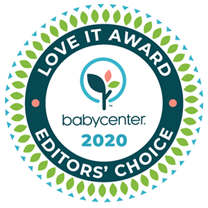 Award badge with text "Love It Award," "Editors' Choice," "babycenter," and "2020." Surrounded by a blue circle and green leaf pattern border.