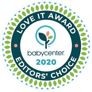 Circular badge with a leafy border. The center features a logo with a blue circle and a small leaf image, text reads "babycenter 2020." Surrounding text says "Love It Award" and "Editors' Choice.