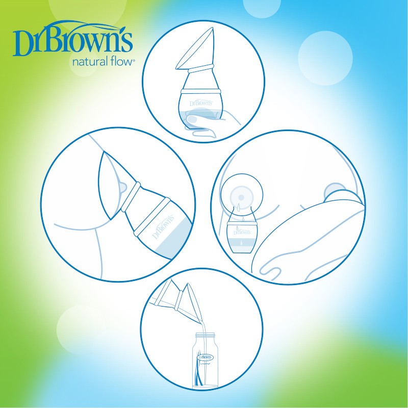 Illustration showing steps of using a breast pump. Top left: Hand holding pump bottle. Top right: Pump applied to breast. Bottom left: Bottle being sealed with a cap. Bottom right: Milk being poured into a storage container. Blue gradient background.