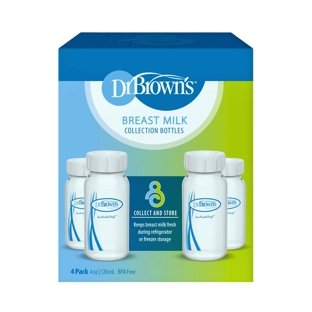 Dr. Brown's™ Breast Milk Collection Bottles by Dr. Brown's include four BPA-free 4 oz/120 ml white bottles with blue caps, compatible with most breast pumps—perfect for collecting and storing breast milk.