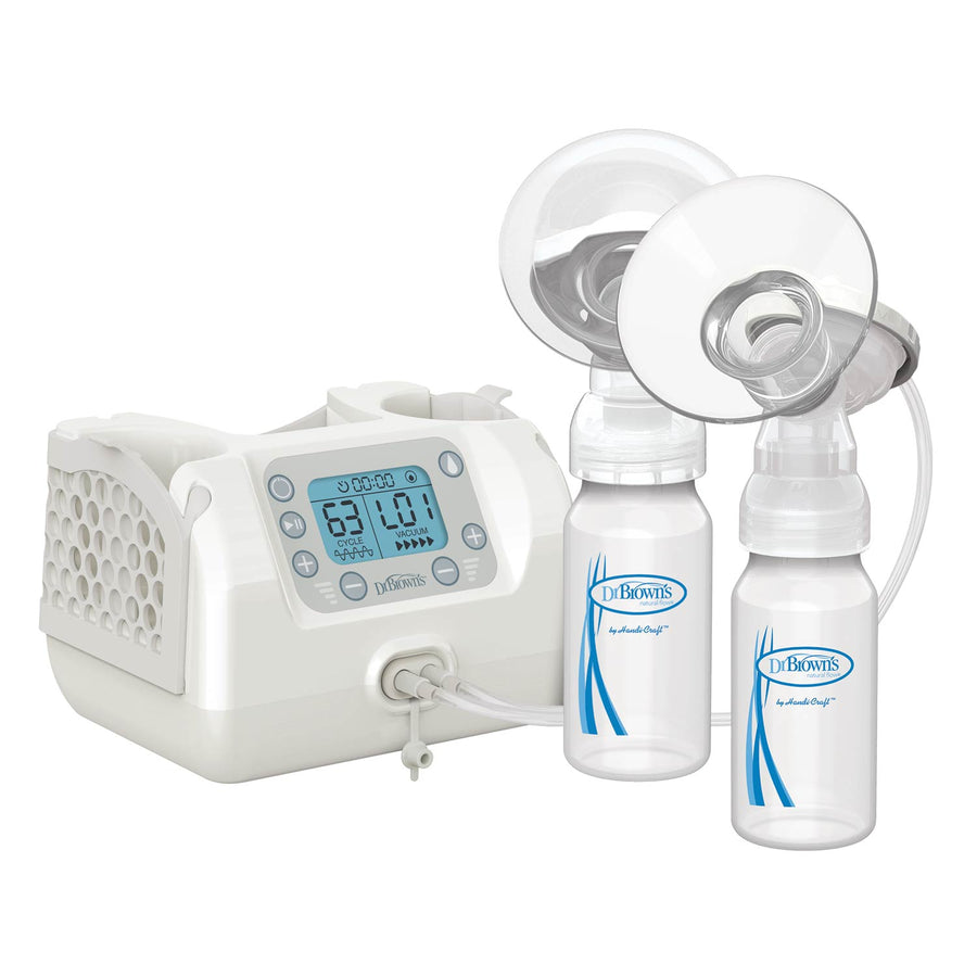 A breast pump set with a white digital pump base, two clear bottles with blue branding, and clear flange cups, shown on a clean white background.