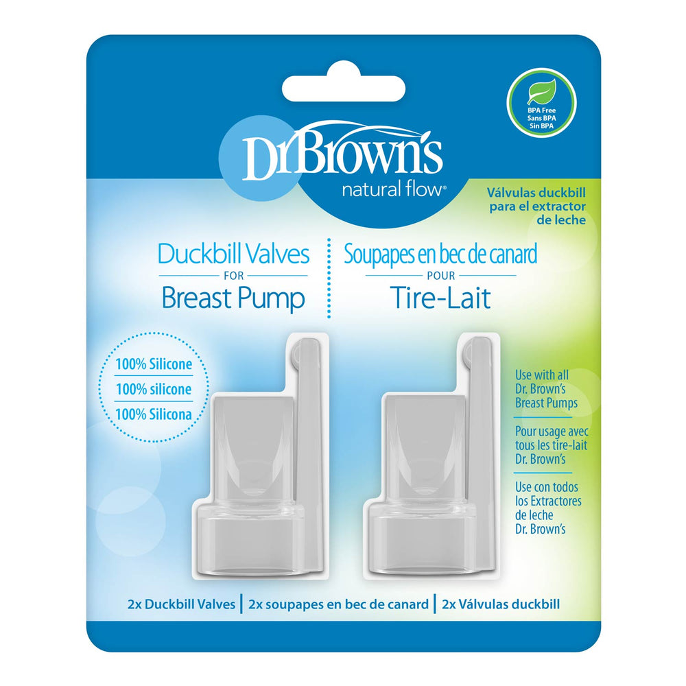 Dr. Brown's Natural Flow Duckbill Valves for Breast Pump, 2-pack in a blue and white blister card with a green accent panel.